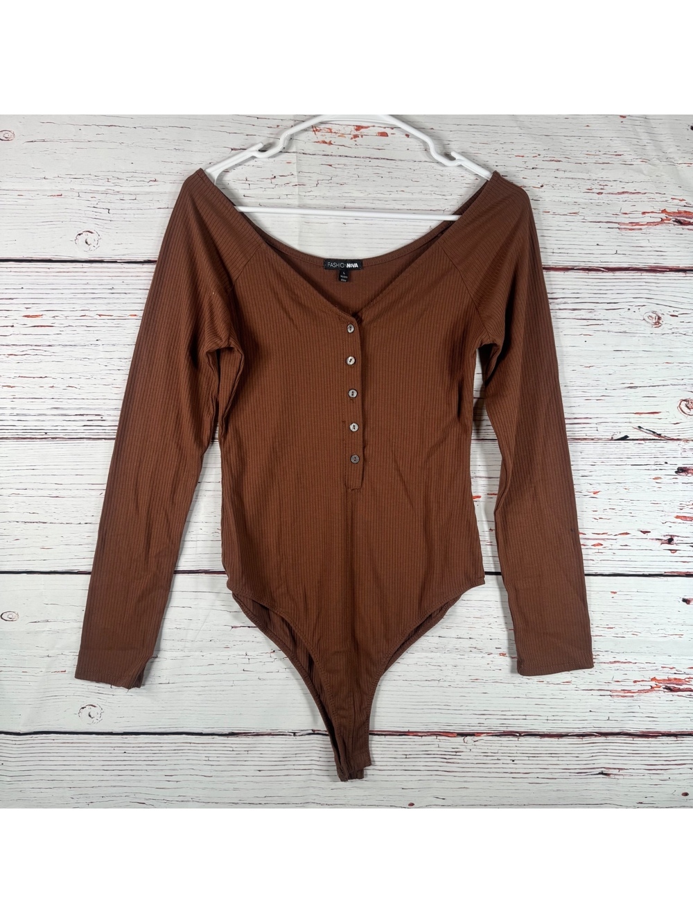 Fashion Nova Brown Ribbed Button Front Long Sleeve Bodysuit Size L